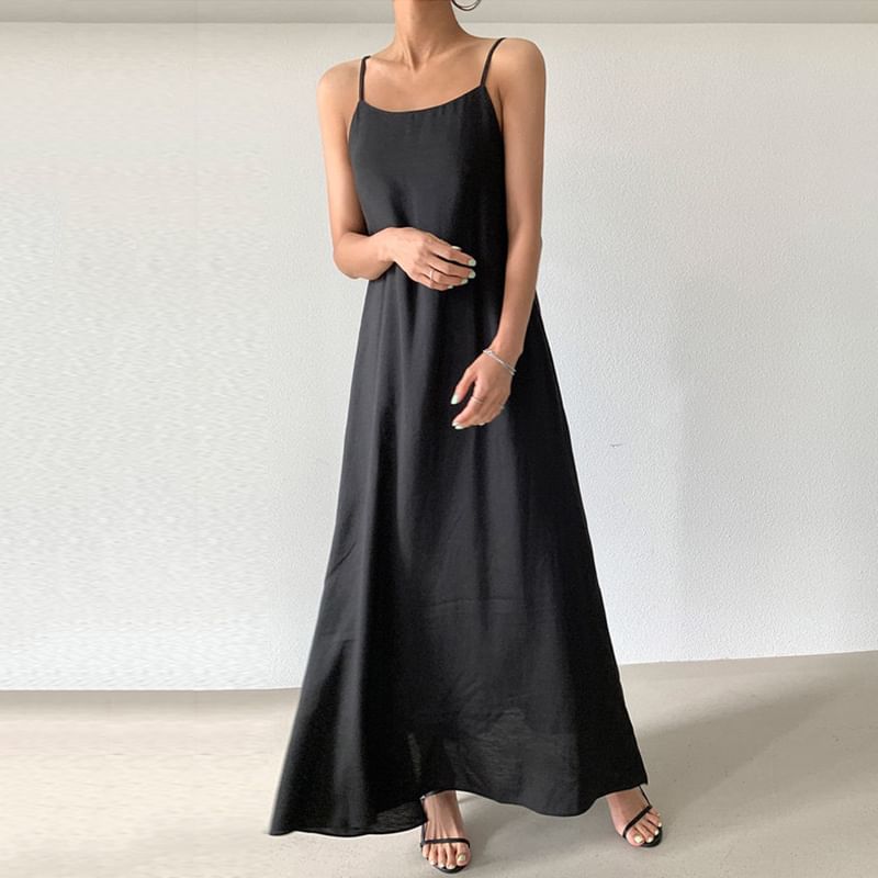 Spaghetti Strap Plain Slit Maxi A-Line Dress SpreePicky