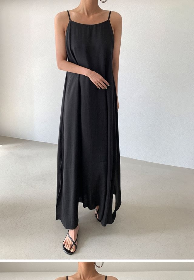 Spaghetti Strap Plain Slit Maxi A-Line Dress SpreePicky