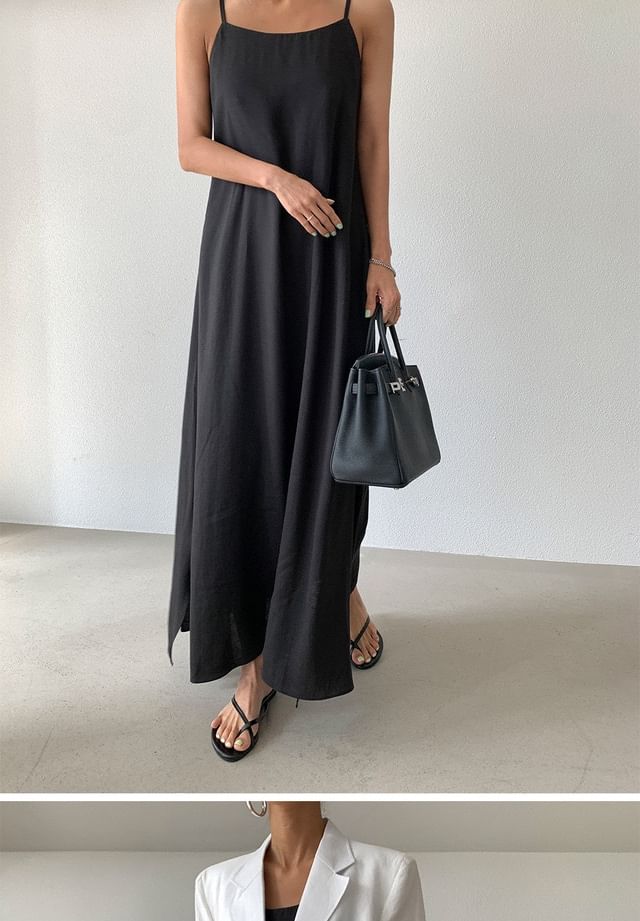 Spaghetti Strap Plain Slit Maxi A-Line Dress SpreePicky