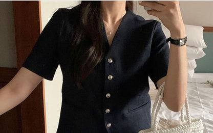 Short-Sleeve V-Neck Plain Button Jacket SpreePicky