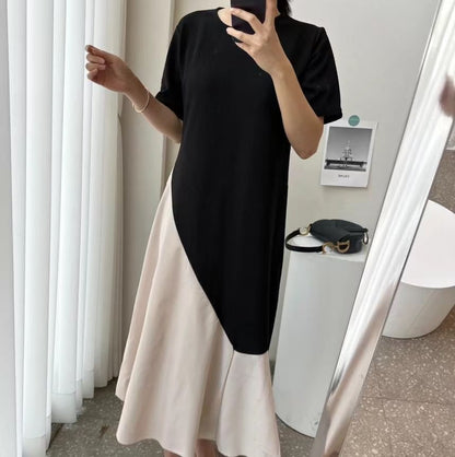 Short-Sleeve Crew Neck Two Tone Midi A-Line Dress SpreePicky