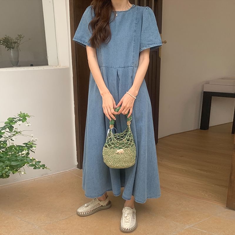 Short-Sleeve Round Neck Washed Denim Midi A-Line Dress SpreePicky