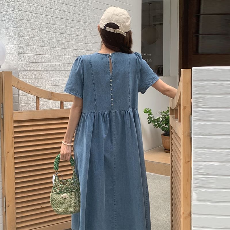 Short-Sleeve Round Neck Washed Denim Midi A-Line Dress SpreePicky