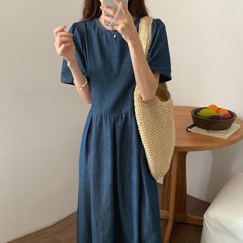 Short-Sleeve Round Neck Washed Denim Midi A-Line Dress SpreePicky