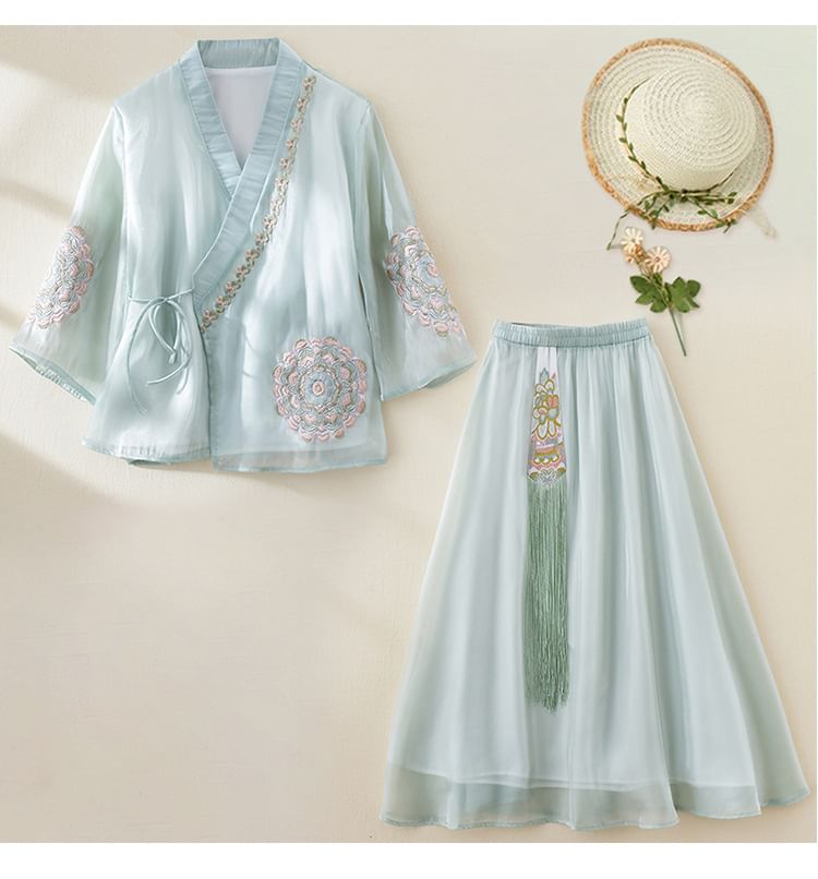 3/4-Sleeve V-Neck Floral Embroidered Tie Front Wrap Top / Elastic Waist Fringe Midi A-Line Skirt SpreePicky