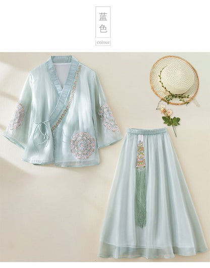 3/4-Sleeve V-Neck Floral Embroidered Tie Front Wrap Top / Elastic Waist Fringe Midi A-Line Skirt SpreePicky