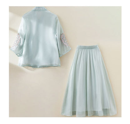 3/4-Sleeve V-Neck Floral Embroidered Tie Front Wrap Top / Elastic Waist Fringe Midi A-Line Skirt SpreePicky