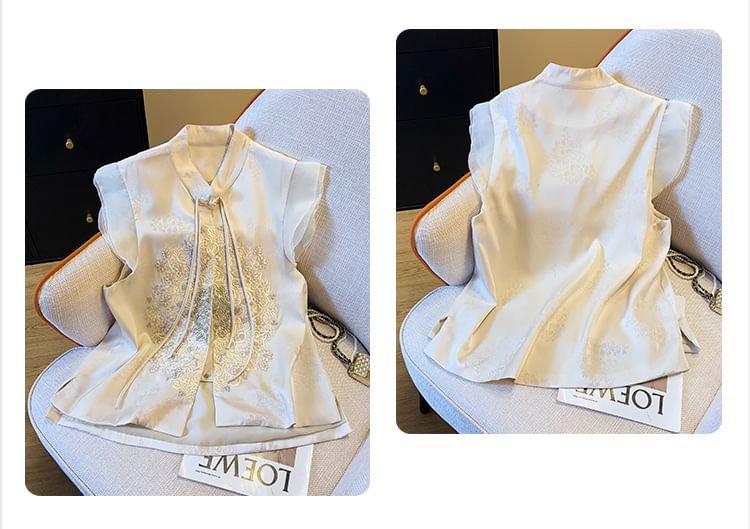 Sleeveless Mandarin Collar Floral Embroidered Jacquard Blouse SpreePicky