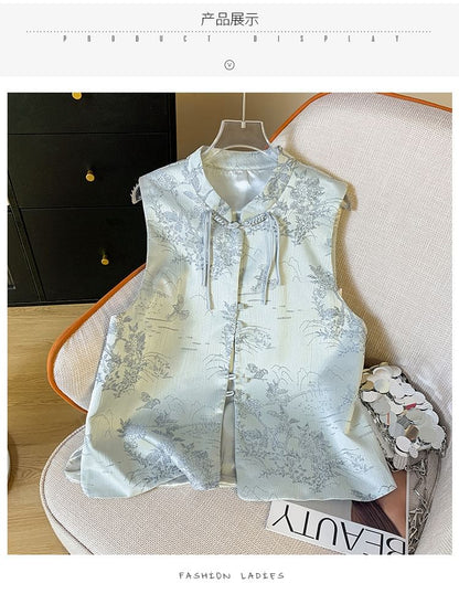 Mandarin Collar Floral Jacquard Frog Closure Vest SpreePicky