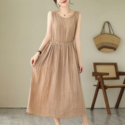 Sleeveless Round Neck Plain Drawstring Waist Maxi A-Line Dress SpreePicky