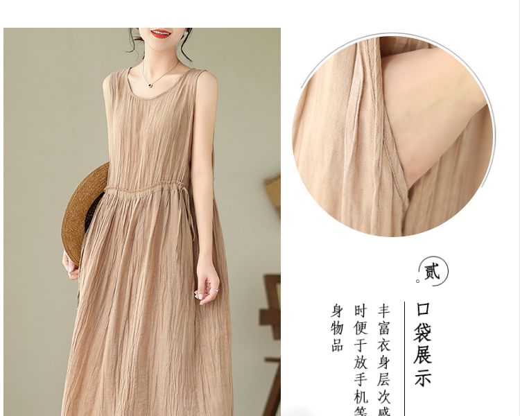 Sleeveless Round Neck Plain Drawstring Waist Maxi A-Line Dress SpreePicky