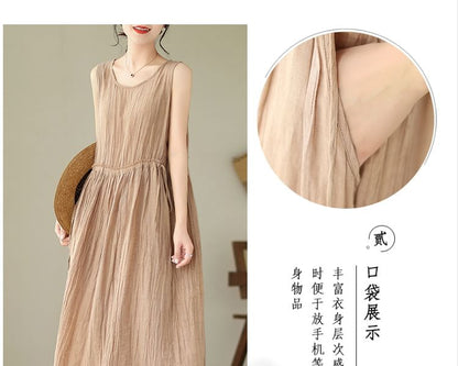 Sleeveless Round Neck Plain Drawstring Waist Maxi A-Line Dress SpreePicky