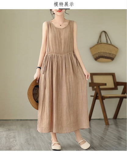 Sleeveless Round Neck Plain Drawstring Waist Maxi A-Line Dress SpreePicky