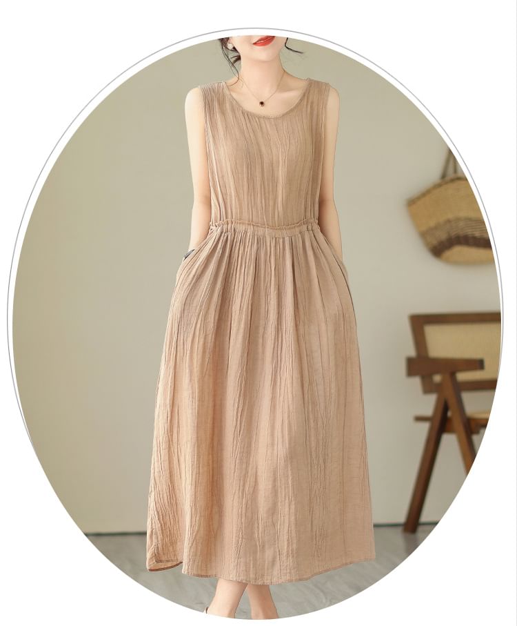 Sleeveless Round Neck Plain Drawstring Waist Maxi A-Line Dress SpreePicky