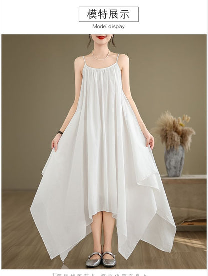 Spaghetti Strap Plain Asymmetrical A-Line Dress SpreePicky