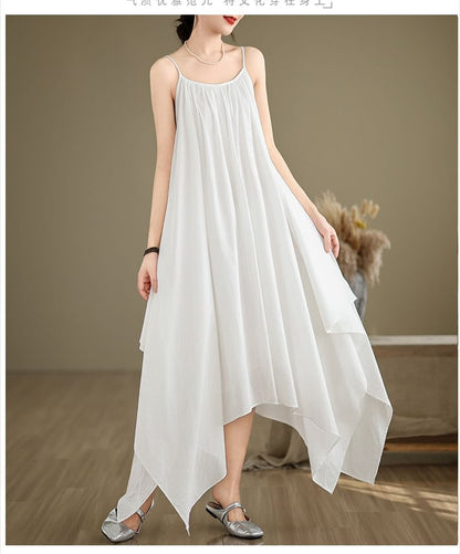 Spaghetti Strap Plain Asymmetrical A-Line Dress SpreePicky