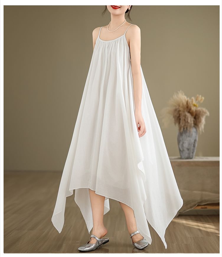 Spaghetti Strap Plain Asymmetrical A-Line Dress SpreePicky