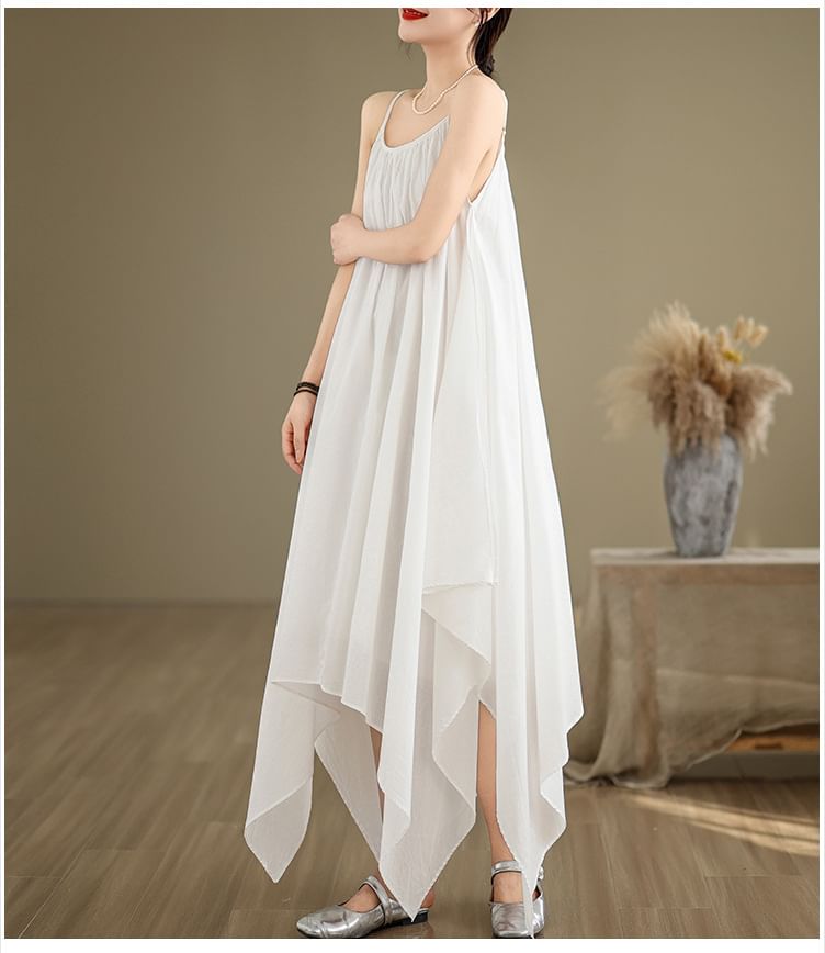 Spaghetti Strap Plain Asymmetrical A-Line Dress SpreePicky