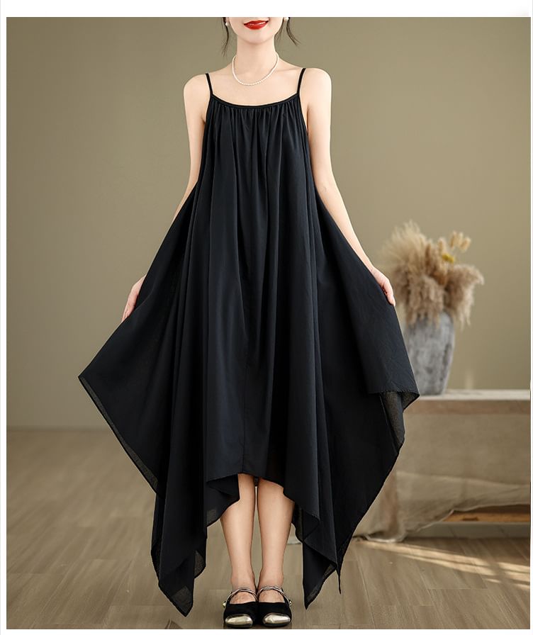 Spaghetti Strap Plain Asymmetrical A-Line Dress SpreePicky