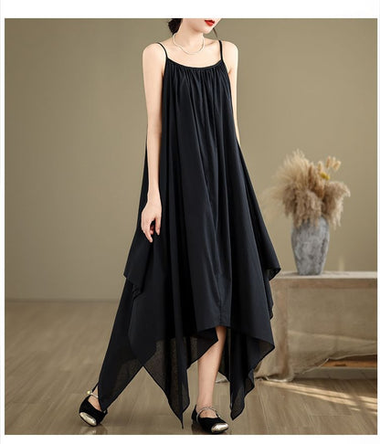 Spaghetti Strap Plain Asymmetrical A-Line Dress SpreePicky