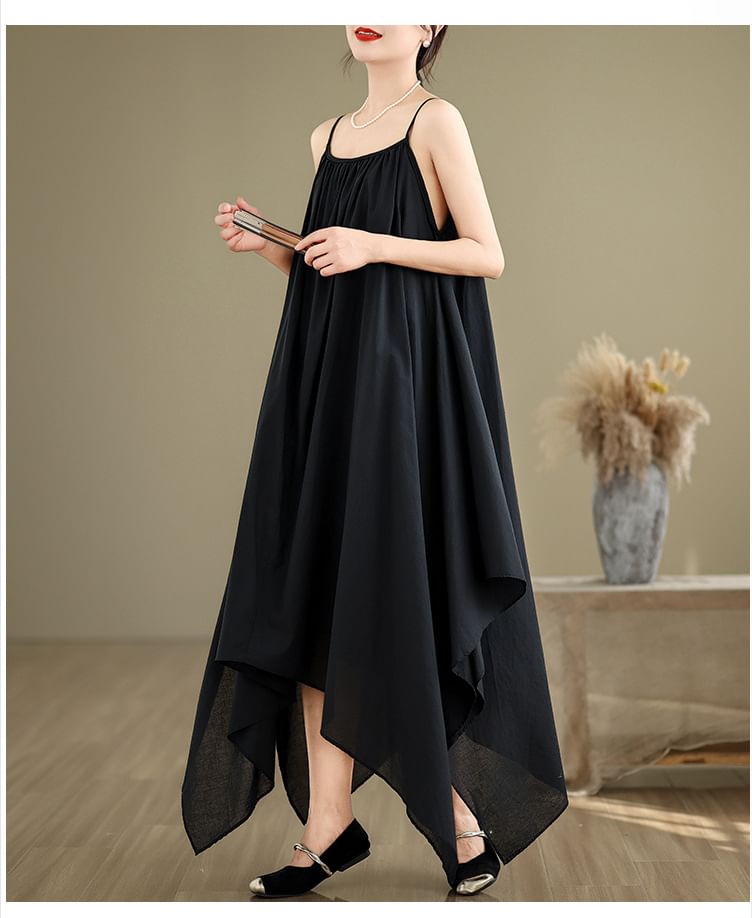 Spaghetti Strap Plain Asymmetrical A-Line Dress SpreePicky