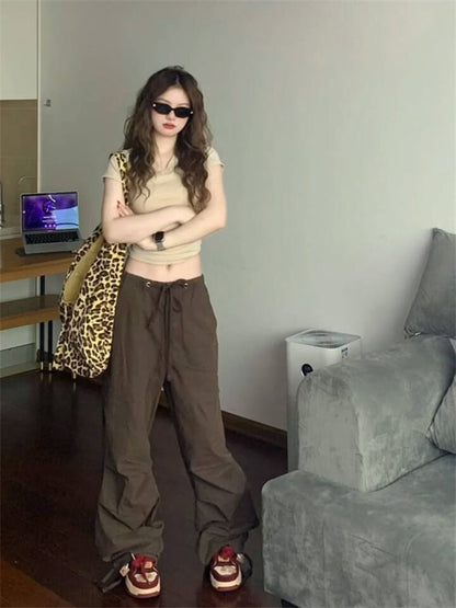 Drawstring Waist Plain Ruched Wide Leg Pants SpreePicky