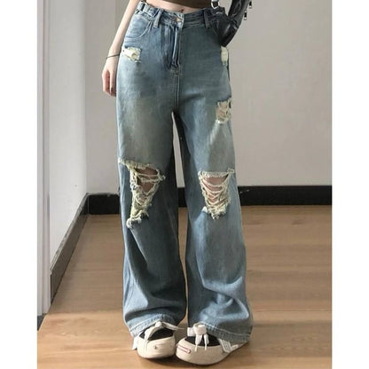 Mid Rise Ripped Washed Loose Fit Jeans SpreePicky