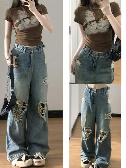 Mid Rise Ripped Washed Loose Fit Jeans SpreePicky