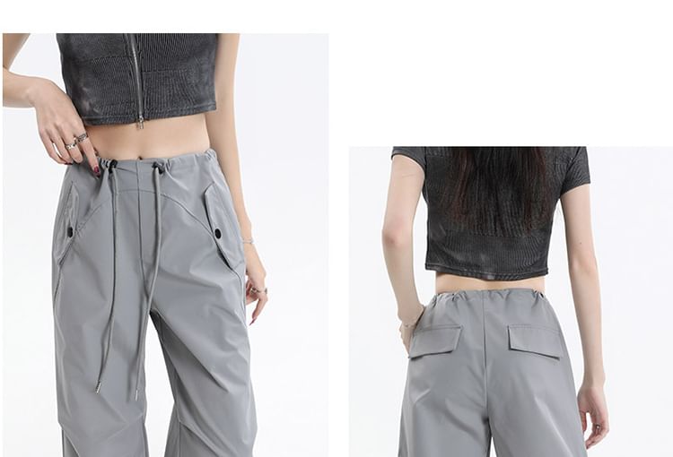 Drawstring Waist Plain Loose Fit Cargo Pants SpreePicky