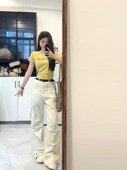 Mid Waist Plain Wide Leg Cargo Pants SpreePicky