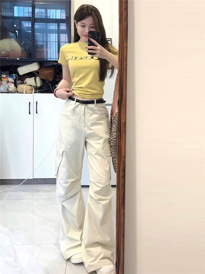 Mid Waist Plain Wide Leg Cargo Pants SpreePicky