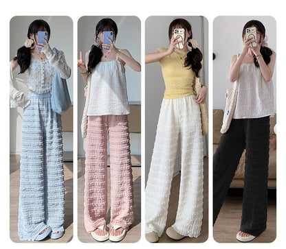 Elastic Waist Plain Frill Wide Leg Pants SpreePicky