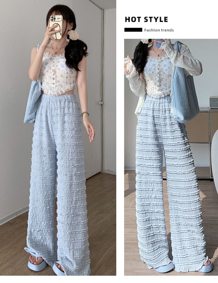 Elastic Waist Plain Frill Wide Leg Pants SpreePicky