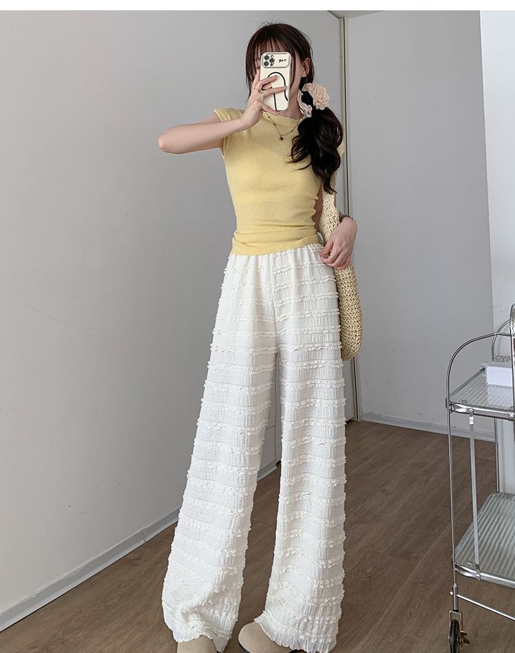 Elastic Waist Plain Frill Wide Leg Pants SpreePicky