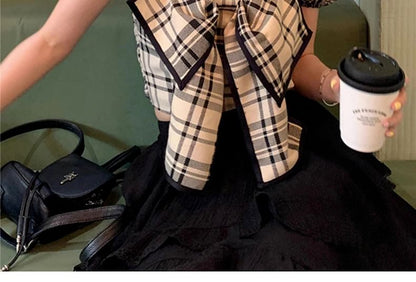 Puff Sleeve Square Neck Plaid Bow Blouse SpreePicky