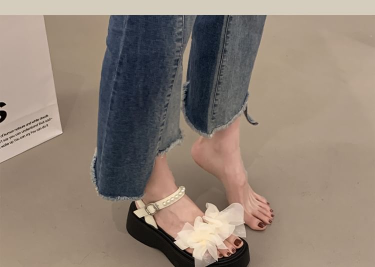 Platform Wedge Heel Faux Pearl Mesh Ruffle Sandals SpreePicky