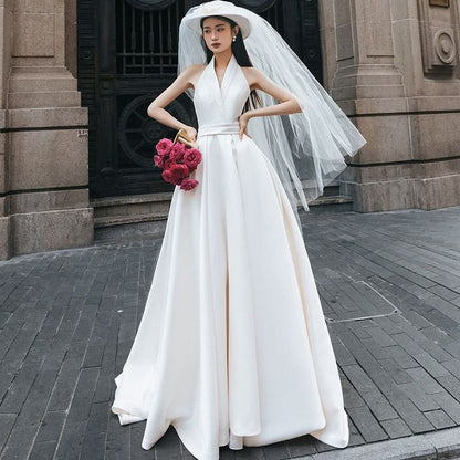 Sleeveless V-Neck Plain A-Line Wedding Gown SpreePicky