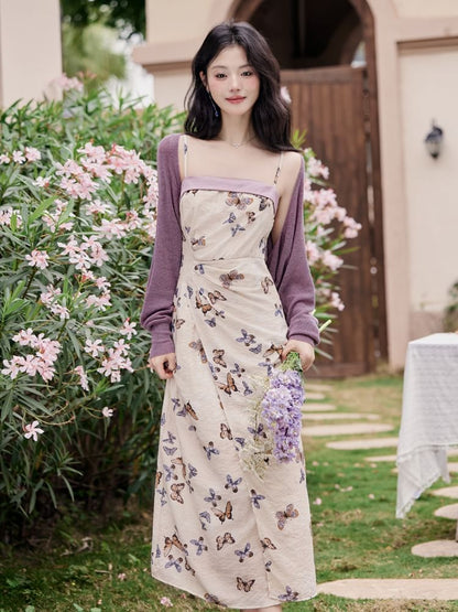 Plain Cardigan / Spaghetti Strap Butterfly Print Maxi Sundress / Set SpreePicky