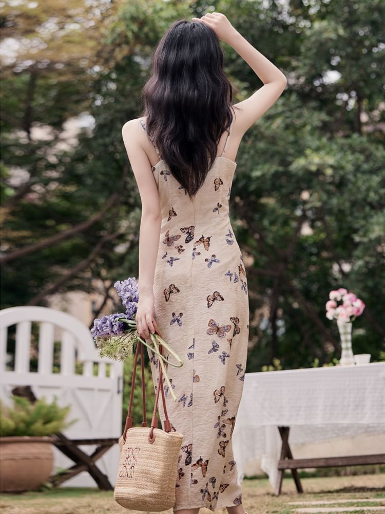 Plain Cardigan / Spaghetti Strap Butterfly Print Maxi Sundress / Set SpreePicky