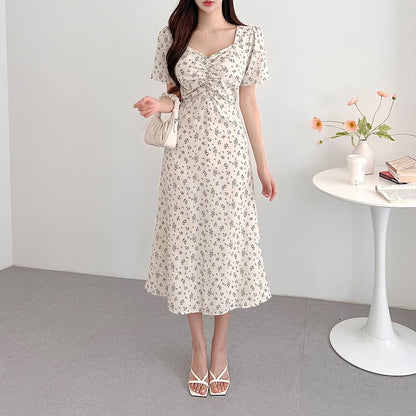 Short-Sleeve V-Neck Floral Maxi A-Line Dress SpreePicky