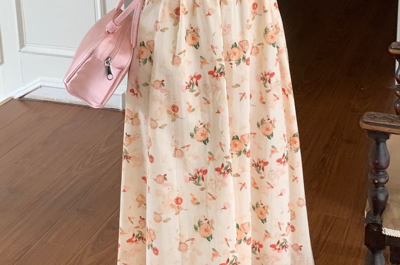 Short-Sleeve Square Neck Floral Maxi A-Line Dress SpreePicky