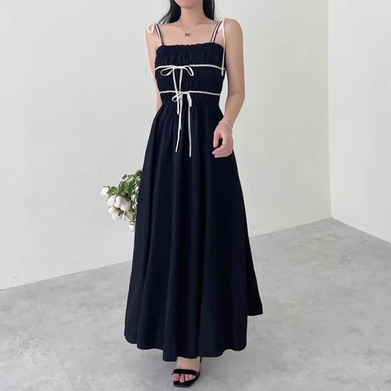 Spaghetti Strap Bow Accent Maxi A-Line Dress SpreePicky