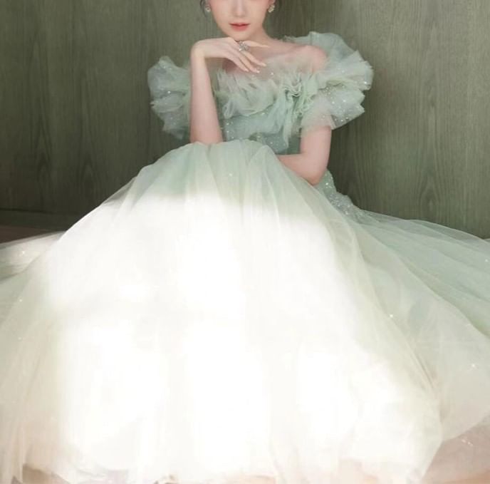 Off Shoulder Ruffle Trim A-Line Evening Gown FashionChic