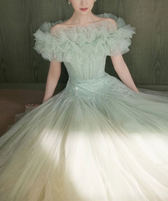 Off Shoulder Ruffle Trim A-Line Evening Gown FashionChic