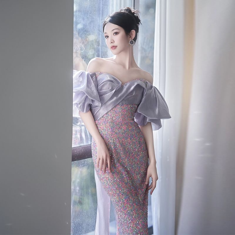 Off-Shoulder Sequin Mermaid Evening Gown FashionChic