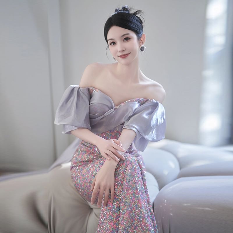 Off-Shoulder Sequin Mermaid Evening Gown FashionChic