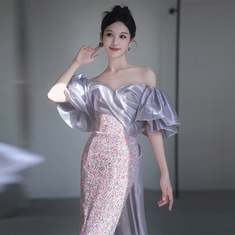 Off-Shoulder Sequin Mermaid Evening Gown FashionChic
