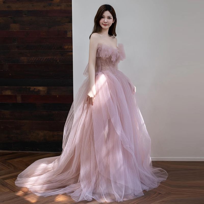 Strapless Glitter Mesh A-Line Ball Gown FashionChic