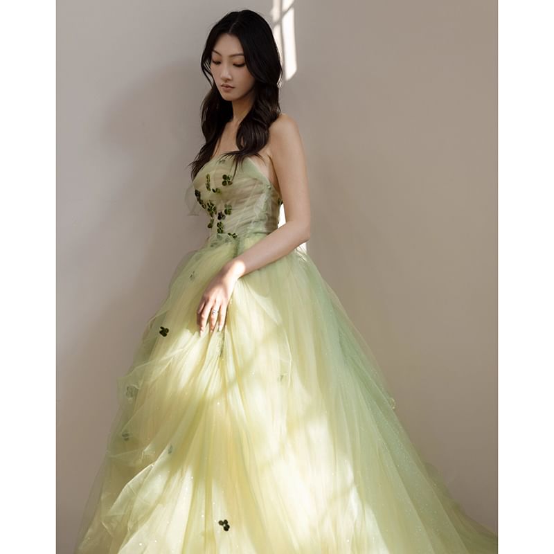 Strapless Flower Detail A-Line Ball Gown FashionChic