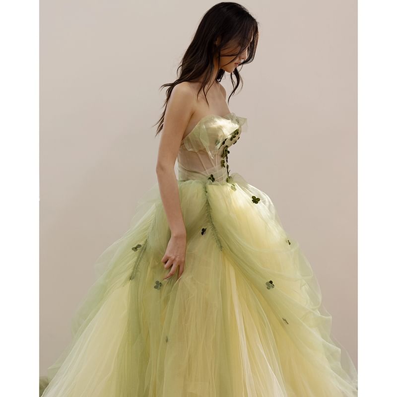 Strapless Flower Detail A-Line Ball Gown FashionChic